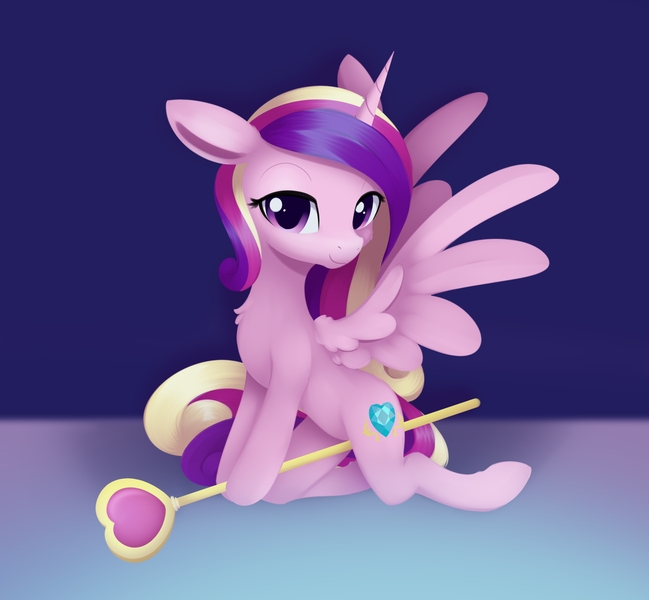 Size: 2828x2616 | Tagged: safe, artist:dusthiel, derpibooru import, princess cadance, alicorn, pony, chest fluff, eyebrows, female, floppy ears, horn, image, kneeling, lidded eyes, looking at you, mare, png, round belly, scepter, smiling, smiling at you, solo, spread wings, wings