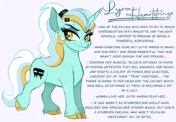 Size: 2048x1419 | Tagged: safe, artist:carouselunique, derpibooru import, lyra heartstrings, pony, unicorn, alternate cutie mark, alternate design, alternate hairstyle, alternate universe, antagonist, character swap, cloven hooves, colored hooves, female, fetlock tuft, g4, horn, image, jpeg, mare, reference sheet, side stars au, simple background, smiling, solo, text, unshorn fetlocks