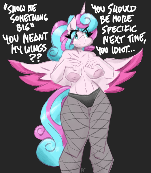 Size: 3000x3435 | Tagged: questionable, artist:flutterthrash, derpibooru import, princess flurry heart, alicorn, anthro, areola, belly button, big areola, big breasts, black background, black underwear, breasts, busty princess flurry heart, clothes, dialogue, eye clipping through hair, eyebrows, eyebrows visible through hair, female, fishnets, g4, hand on breasts, high res, image, nipples, nudity, older, older flurry heart, panties, partial nudity, png, simple background, solo, solo female, spread wings, topless, underwear, wide hips, wings