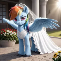 Size: 1024x1024 | Tagged: safe, ai content, generator:everclear pny by zovya, machine learning generated, ponerpics import, ponybooru import, rainbow dash, pegasus, pony, clothes, dress, female, flower, image, jpeg, looking at you, mare, solo, spread wings, unshorn fetlocks, veil, wedding dress, wedding veil, wings