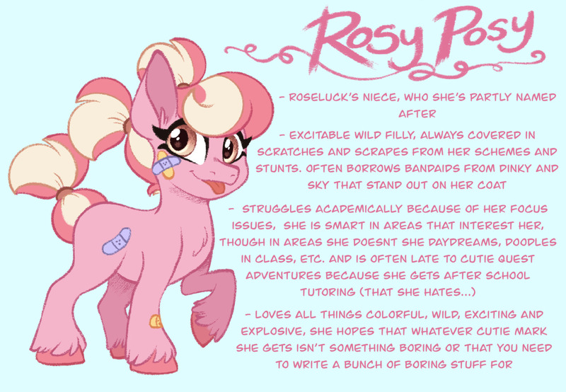 Size: 1280x887 | Tagged: safe, artist:carouselunique, derpibooru import, rosy posy, pony, :p, alternate cutie mark, alternate design, alternate hairstyle, alternate universe, bandaid, character swap, colored hooves, female, fetlock tuft, filly, foal, g4, horn, image, jpeg, pigtails, reference sheet, side stars au, simple background, smiling, solo, text, tongue out, unshorn fetlocks