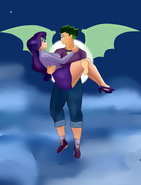 Size: 3800x5000 | Tagged: safe, artist:saulazuli, derpibooru import, rarity, spike, dragon, human, absurd resolution, female, g4, humanized, image, male, older, older spike, png, shipping, sparity, straight, winged spike, wings