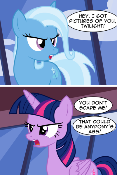 Size: 1752x2620 | Tagged: suggestive, artist:badumsquish, derpibooru import, trixie, twilight sparkle, twilight sparkle (alicorn), alicorn, pony, unicorn, 2 panel comic, angry, argument, blackmail, chief wiggum, comic, derpibooru exclusive, dialogue, female, folded wings, frown, horn, image, mare, marge vs the monorail, mayor quimby, noodle incident, png, show accurate, simpsons did it, sky, the simpsons, threat, threatening, window, wings