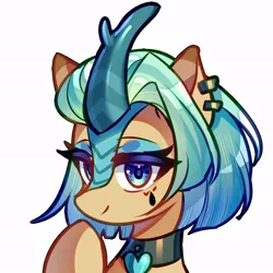 Size: 672x672 | Tagged: safe, artist:alus, derpibooru import, oc, oc:misty showers, unofficial characters only, kirin, pony, bust, choker, ear piercing, eyeshadow, female, heart, horn, image, jpeg, kirin oc, looking at you, makeup, mare, piercing, portrait, scales, tattoo, teardrop