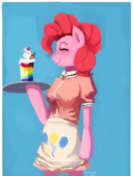 Size: 818x1080 | Tagged: safe, artist:idlyabetteliina, derpibooru import, pinkie pie, earth pony, pony, semi-anthro, apron, bipedal, clothes, drink, female, food, g4, image, mare, png, smiling, solo, waitress, whipped cream