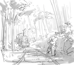 Size: 3000x2612 | Tagged: safe, artist:captainhoers, derpibooru import, oc, unofficial characters only, pony, unicorn, clothes, forest, grayscale, hoodie, horn, image, jpeg, levitation, magic, male, monochrome, nature, solo, stallion, telekinesis, train, train tracks, tree