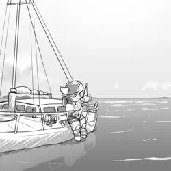 Size: 3000x3000 | Tagged: safe, artist:captainhoers, derpibooru import, oc, unofficial characters only, pony, unicorn, boat, diving suit, dressing, floppy ears, grayscale, high res, horn, image, jpeg, monochrome, ocean, sitting, solo, water