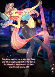 Size: 707x1000 | Tagged: safe, artist:modcoon, derpibooru import, oc, oc:mimie, unofficial characters only, anthro, unicorn, bar, horn, image, png, strip club, stripper pole, unicorn oc