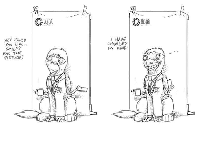 Size: 3500x2500 | Tagged: safe, artist:captainhoers, derpibooru import, oc, unofficial characters only, gryphon, 2 panel comic, amputee, coffee mug, comic, creepy, creepy smile, grayscale, griffon oc, grin, image, jpeg, monochrome, mug, offscreen character, prosthetic eye, prosthetic limb, prosthetics, sharp teeth, simple background, sitting, smiling, solo, stethoscope, teeth, white background