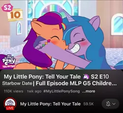 Size: 1170x1075 | Tagged: safe, derpibooru import, edit, edited screencap, screencap, izzy moonbow, sunny starscout, earth pony, pony, unicorn, g5, my little pony: tell your tale, 1000 hours in ms paint, eyes closed, fake, fake screencap, faker than a three dollar bill, female, horn, image, jpeg, kissing, lesbian, ship:moonscout, shipping, youtube thumbnail