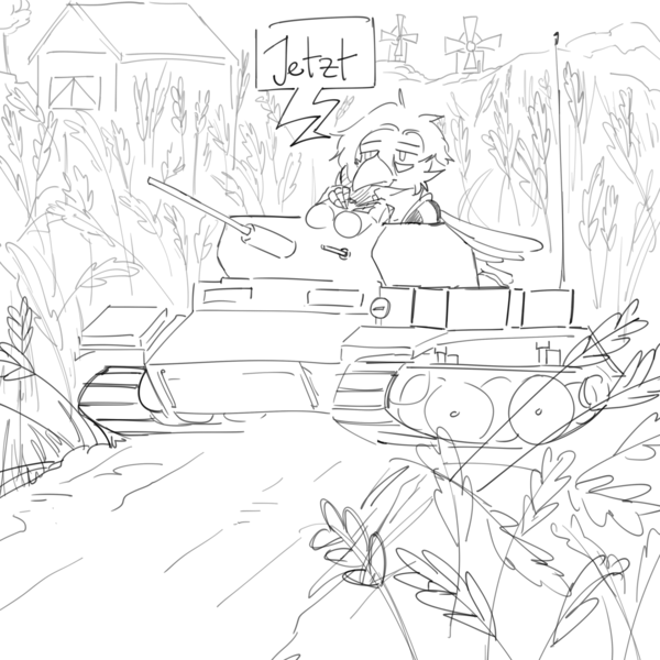 Size: 3000x3000 | Tagged: safe, artist:acey, derpibooru import, oc, oc:kurt spiel, gryphon, barn, binoculars, face paint, image, luchs, panzer, panzer ii, png, simple background, sketch, talking, wheat field, windmill