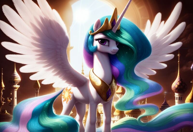 Size: 1216x832 | Tagged: safe, ai content, machine learning generated, ponerpics import, ponybooru import, princess celestia, alicorn, pony, canterlot, feather, feathered wings, female, generator:pony diffusion v6 xl, image, jewelry, jpeg, long tail, looking at you, mare, regalia, shadow, solo, spread wings, sun, wings