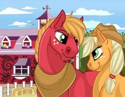 Size: 1280x993 | Tagged: safe, artist:jenery, ponerpics import, applejack, big macintosh, earth pony, pony, barn, brother and sister, cowboy hat, duo, female, freckles, hat, hay bale, horse collar, image, jpeg, looking at each other, male, mare, siblings, stallion, stetson, sweet apple acres