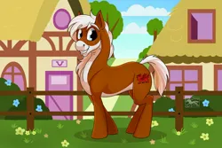 Size: 1280x853 | Tagged: safe, artist:jenery, ponerpics import, oc, oc:xoda, unofficial characters only, earth pony, pony, eyebrows visible through hair, image, jpeg, male, pale belly, ponyville, smiling, solo, stallion