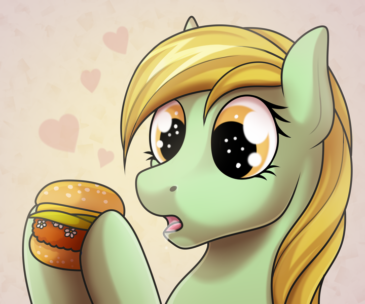 Size: 3000x2500 | Tagged: safe, artist:jenery, ponerpics import, oc, unofficial characters only, earth pony, pony, burger, female, food, heart, hungry, image, mare, png, salivating, solo