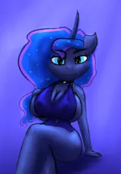 Size: 316x455 | Tagged: suggestive, artist:ismyaltaccount, derpibooru import, princess luna, anthro, big breasts, breasts, clothes, crossed legs, curvy, dress, erect nipples, horn, image, looking at you, nipple outline, png, seductive, sideboob, simple background, sitting, smiling, smiling at you