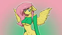 Size: 1280x720 | Tagged: artist needed, safe, derpibooru import, fluttershy, anthro, pegasus, breasts, erect nipples, female, floppy ears, g4, image, nipple outline, png, solo, solo female, spread wings, underboob, wings