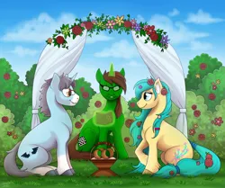 Size: 1280x1071 | Tagged: safe, artist:jenery, ponerpics import, oc, oc:alas negras, oc:night green, unofficial characters only, earth pony, pony, unicorn, book, ear fluff, female, flower, flower in hair, flower in tail, glasses, image, jpeg, looking at each other, magic, male, mare, marriage, sitting, stallion, telekinesis, wedding