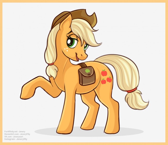 Size: 1280x1110 | Tagged: safe, artist:jenery, ponerpics import, applejack, earth pony, pony, bag, cowboy hat, female, freckles, hat, image, jpeg, mare, open mouth, raised leg, saddle bag, simple background, solo, stetson, white background