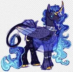 Size: 1177x1162 | Tagged: safe, artist:devilbunzz, derpibooru import, princess luna, alicorn, pony, alternate color palette, alternate design, alternate hair color, alternate tail color, alternate tailstyle, bangles, blue eyes, blue mane, blue sclera, blue tail, cheek fluff, colored horn, colored muzzle, colored pinnae, colored wings, colored wingtips, curved horn, ear fluff, ethereal mane, ethereal tail, fangs, female, folded wings, frown, horn, image, jewelry, leonine tail, lidded eyes, long mane, long tail, mare, multicolored coat, multicolored wings, patterned background, peacock feathers, peytral, png, purple coat, solo, sparkly mane, sparkly tail, standing, tail, twitterina design, unshorn fetlocks, veil, wavy mane, wavy tail, wings