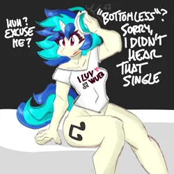 Size: 3000x3000 | Tagged: suggestive, artist:flutterthrash, derpibooru import, vinyl scratch, anthro, unicorn, black background, bottomless, breasts, busty vinyl scratch, clothes, dialogue, eye clipping through hair, eyebrows, eyebrows visible through hair, female, g4, headphones, high res, horn, image, looking offscreen, missing accessory, no glasses, no panties, nudity, partial nudity, png, shirt, simple background, solo, solo female, strategically covered, thighs, thunder thighs, wide hips