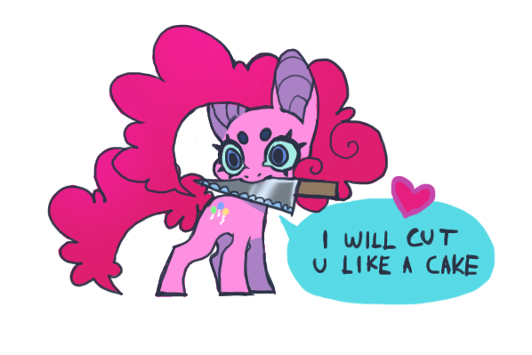 Size: 598x399 | Tagged: safe, artist:cutesykill, derpibooru import, pinkie pie, earth pony, pony, beanbrows, blue eyes, blue sclera, chibi, colored eyebrows, colored pinnae, concave belly, dialogue, eyebrows, female, floating heart, g4, heart, image, implied cannibalism, implied violence, knife, long mane, long tail, mare, mouth hold, pink coat, pink mane, pink tail, png, simple background, solo, speech bubble, tail, talking to viewer, text, this will end in death, this will end in pain, this will end in pain and/or death, white background, wide eyes