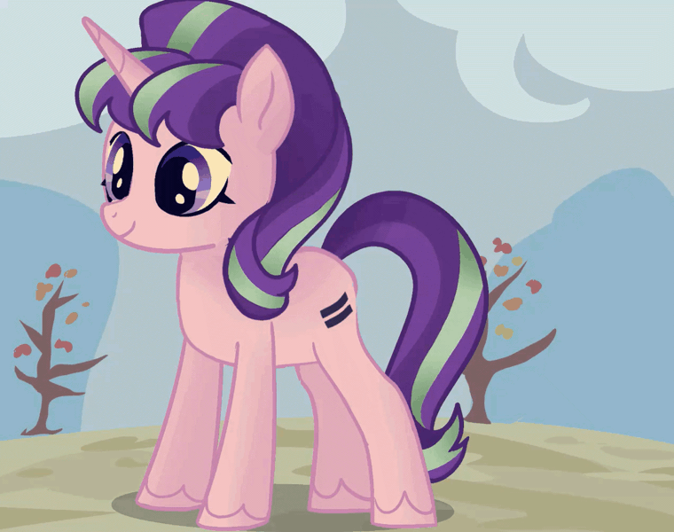 Size: 1270x1002 | Tagged: safe, artist:disaterror, derpibooru import, starlight glimmer, pony, unicorn, animated, equal cutie mark, eyelashes, female, g4, gif, horn, image, long mane, long tail, mare, pink coat, puppet animation, purple eyes, purple mane, purple tail, raised hoof, s5 starlight, smiling, solo, tail, two toned mane, two toned tail, unicorn horn, unshorn fetlocks, wingding eyes