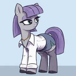 Size: 2500x2500 | Tagged: safe, artist:t72b, derpibooru import, maud pie, earth pony, pony, alternate clothes, button-up shirt, clothes, ear piercing, earring, female, image, jewelry, mare, necklace, piercing, png, shirt, shoes, side slit, simple background, skirt, socks, stockings, thigh highs
