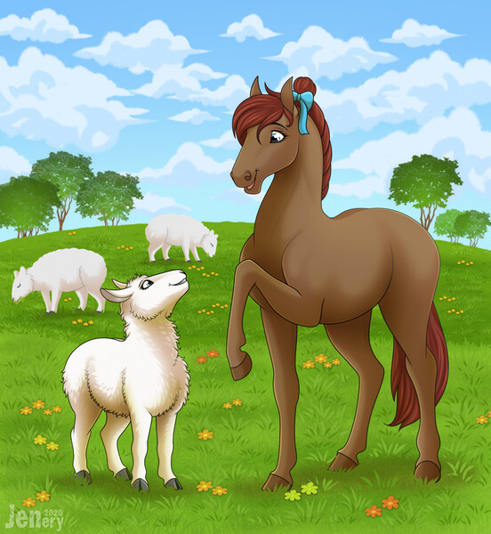 Size: 1178x1280 | Tagged: safe, artist:jenery, ponerpics import, oc, oc:cinder star, unofficial characters only, earth pony, pony, sheep, bow, female, field, grazing, hair bow, hoers, image, jpeg, mare, raised leg