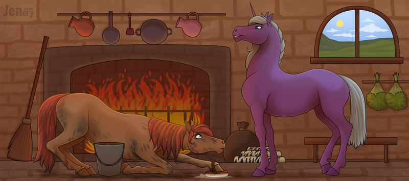 Size: 1800x799 | Tagged: safe, artist:jenery, ponerpics import, oc, oc:cinder star, oc:lady fragrance, unofficial characters only, earth pony, pony, unicorn, cleaning, dirty, duo, female, fire, fireplace, hoers, horn, image, kitchen, mare, png, scrubbing, stepmother