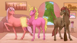 Size: 1280x722 | Tagged: safe, artist:jenery, ponerpics import, oc, oc:cherry blossom, oc:cinder star, oc:rose petal, unofficial characters only, earth pony, pony, unicorn, apple, apple tree, broom, cleaning, couch, dirty, female, food, horn, image, jpeg, magic, mare, picture, raised leg, siblings, sisters, stepsisters, telekinesis, tree, trio