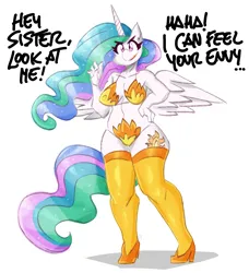 Size: 3000x3290 | Tagged: suggestive, artist:flutterthrash, derpibooru import, princess celestia, alicorn, anthro, plantigrade anthro, belly button, bikini, breasts, busty princess celestia, cleavage, clothes, commission, female, g4, hand on hip, high heels, high res, image, implied princess luna, png, shoes, simple background, smiling, socks, solo, solo female, spread wings, stockings, string bikini, swimsuit, thigh highs, white background, wings