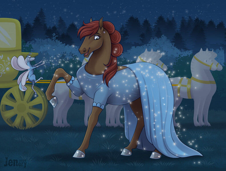 Size: 1280x971 | Tagged: safe, artist:jenery, ponerpics import, oc, oc:cinder star, oc:nelly, unofficial characters only, earth pony, fairy, fairy pony, original species, pony, carriage, clothes, dress, female, hoers, image, jpeg, magic, mare, night, raised leg