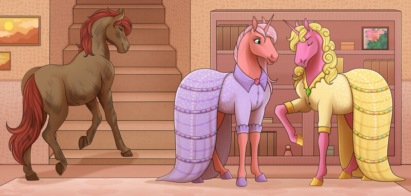 Size: 1280x612 | Tagged: safe, artist:jenery, ponerpics import, oc, oc:cherry blossom, oc:cinder star, oc:rose petal, unofficial characters only, earth pony, pony, unicorn, clothes, dirty, dress, eyes closed, female, hoers, horn, image, jpeg, mare, smiling, stairs, trio