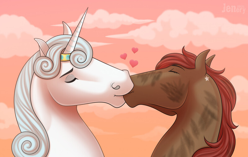 Size: 1280x815 | Tagged: safe, artist:jenery, ponerpics import, oc, oc:cinder star, oc:prince majestic, unofficial characters only, earth pony, pony, unicorn, dirty, eyes closed, heart, hoers, horn, image, jpeg, kissing, oc x oc, shipping