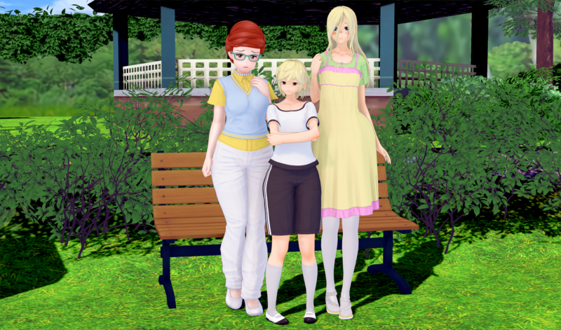 Size: 1700x1000 | Tagged: safe, artist:samaster, banned from derpibooru, derpibooru import, angel bunny, fluttershy, posey shy, human, 3d, before and after, bench, blonde hair, brown hair, bush, clothes, dress, family photo, female, gazebo, glasses, grass, grass field, human coloration, humanized, image, imminent bimboification, koikatsu, male, mother and child, mother and daughter, pants, park, park bench, png, sequence, shoes, shorts, socks, straight, underage