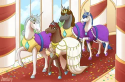 Size: 1280x838 | Tagged: safe, artist:jenery, ponerpics import, oc, oc:cinder star, oc:imperial might, oc:prince majestic, oc:queen aurora, unofficial characters only, earth pony, pony, unicorn, armor, clothes, crown, dress, female, hoers, horn, image, jewelry, jpeg, male, mare, marriage, regalia, stallion, tiara, wedding, wedding dress