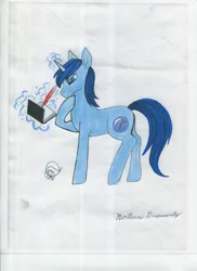 Size: 2550x3509 | Tagged: safe, artist:nocturn2, ponerpics import, oc, oc:nocturn dreamwrite, unofficial characters only, pony, unicorn, book, hoof on chin, horn, image, jpeg, magic, male, quill, solo, stallion, telekinesis, traditional art, writing