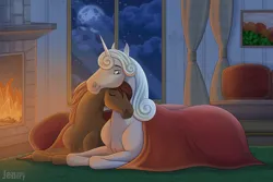 Size: 1280x853 | Tagged: safe, artist:jenery, ponerpics import, oc, oc:cinder star, oc:prince majestic, unofficial characters only, earth pony, pony, unicorn, blanket, eyes closed, female, fire, fireplace, hoers, horn, image, jpeg, male, mare, moon, night, oc x oc, prone, shipping, stallion
