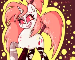 Size: 1248x1000 | Tagged: safe, artist:angietswing, derpibooru import, ponified, pony, unicorn, abstract background, cherri bomb, clothes, female, hazbin hotel, horn, image, mare, png, red sclera, sharp teeth, socks, solo, teeth, unusual pupils