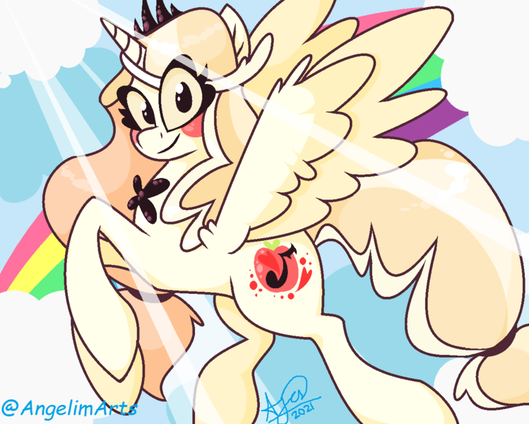 Size: 1248x1000 | Tagged: safe, artist:angietswing, derpibooru import, ponified, alicorn, pony, charlie morningstar, eye clipping through hair, female, hazbin hotel, image, jewelry, mare, png, rainbow, regalia