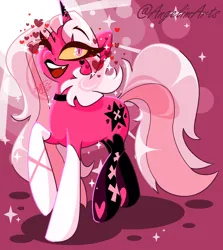 Size: 1248x1396 | Tagged: safe, artist:angietswing, derpibooru import, ponified, pony, unicorn, abstract background, choker, clothes, fangs, female, hazbin hotel, heart, horn, image, mare, one eye closed, png, socks, solo, verosika mayday, wink
