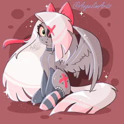 Size: 1496x1496 | Tagged: safe, artist:angietswing, derpibooru import, ponified, pegasus, pony, abstract background, bow, chest fluff, choker, clothes, eye clipping through hair, eyepatch, female, hair bow, hazbin hotel, image, mare, png, sitting, socks, spread wings, vaggie, wings