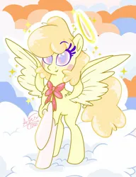 Size: 1200x1560 | Tagged: safe, artist:angietswing, derpibooru import, ponified, pegasus, pony, angel, bowtie, chest fluff, clothes, cloud, female, halo, helluva boss, image, jpeg, keenie, mare, on a cloud, socks