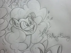 Size: 1600x1200 | Tagged: safe, artist:angietswing, derpibooru import, pinkie pie, earth pony, pony, black and white, female, grayscale, image, jpeg, mare, monochrome, sketch, solo, traditional art