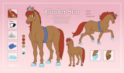 Size: 1280x759 | Tagged: safe, artist:jenery, ponerpics import, oc, oc:cinder star, unofficial characters only, earth pony, pony, female, hoers, image, jewelry, jpeg, mare, reference sheet, solo, tiara