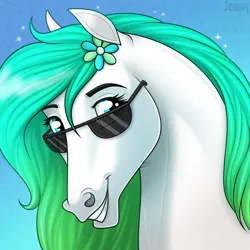 Size: 1920x1920 | Tagged: safe, artist:jenery, ponerpics import, oc, oc:gumdrop, unofficial characters only, earth pony, pony, bust, female, flower, flower in hair, hoers, image, mare, png, portrait, smiling, solo, sunglasses