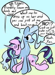 Size: 941x1264 | Tagged: safe, artist:captainzigo, derpibooru import, starlight glimmer, trixie, pony, unicorn, dialogue, duo, duo female, eyes closed, female, g4, horn, image, lesbian, looking back, mare, png, shipping, speech bubble, startrix