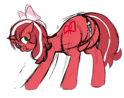 Size: 917x726 | Tagged: safe, artist:polofastter, artist:redintravenous, derpibooru import, edit, oc, oc:red ribbon, unofficial characters only, original species, plush pony, pony, unicorn, bent over, blushing, bow, butt, embarrassed, female, hair bow, horn, image, large butt, looking back, mare, plot, plushie, png, ripped, simple background, sketch, solo, stuffing, transparent background