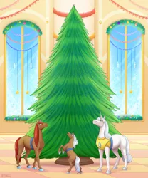 Size: 1751x2105 | Tagged: safe, artist:jenery, ponerpics import, oc, oc:cinder star, oc:prince majestic, oc:serenity, unofficial characters only, earth pony, pony, unicorn, armor, christmas, christmas tree, father and child, father and daughter, female, filly, hoers, holiday, horn, image, jewelry, male, mare, mother and child, mother and daughter, png, rearing, stallion, tiara, tree